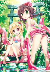 Rule 34 | 2girls, :o, arch, ass, bare arms, bare shoulders, barefoot, bikini, bikini skirt, blue ribbon, blush, breasts, brown hair, collarbone, dappled sunlight, day, feet, flat chest, floral print, flower, fujima takuya, full body, green eyes, hair flower, hair ornament, hair ribbon, holding, holding ball, leaning forward, long hair, looking at viewer, low twintails, multiple girls, open mouth, original, outdoors, pink bikini, plant, pond, red eyes, red flower, reflection, ribbon, shawl, shore, sitting, small breasts, stairs, sunlight, swimsuit, tareme, toes, torii, tree, twintails, very long hair, wading
