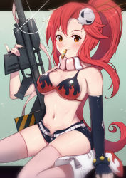Rule 34 | 1girl, anti-materiel rifle, bare shoulders, belt, belt buckle, bikini, bikini top only, black bikini, black gloves, black shorts, blush, boots, breasts, brown eyes, buckle, bullet, closed mouth, commentary request, elbow gloves, fingerless gloves, flame print, glint, gloves, gun, hair between eyes, hair ornament, highres, holding, holding gun, holding weapon, long hair, looking at viewer, medium breasts, mouth hold, navel, open clothes, open fly, open shorts, pink lips, ponytail, print bikini, red hair, rifle, short shorts, shorts, sitting, skull hair ornament, smile, sniper rifle, scope, solo, studded belt, swimsuit, tengen toppa gurren lagann, thighhighs, thighhighs under boots, thighs, uneg, very long hair, wariza, weapon, white belt, white footwear, yoko littner