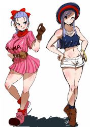 Rule 34 | 2girls, :q, ankle boots, bangle, bare legs, belt, blue eyes, blush, body blush, boots, bow, bracelet, breasts, bulma, character name, clothes writing, crop top, crop top overhang, dragon ball, dress, ginga patrol jaco, gloves, grin, groin, hair bow, hands on own hips, hat, jewelry, large breasts, long hair, loose socks, midriff, multiple girls, navel, ponytail, purple hair, rickert kai, scarf, shiny skin, shoes, short dress, short shorts, shorts, siblings, sisters, small breasts, smile, sneakers, socks, standing, striped, tights (ginga patrol jaco), tongue, tongue out, vertical stripes