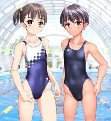 Rule 34 | 2girls, absurdres, black hair, black one-piece swimsuit, breasts, brown eyes, cameltoe, collarbone, commentary request, competition swimsuit, contrapposto, covered navel, cowboy shot, highleg, highleg swimsuit, highres, indoors, lane line, logo, multiple girls, one-piece swimsuit, original, photo background, pool, school swimsuit, screentones, short hair, side ponytail, small breasts, standing, string of flags, swimsuit, takafumi, tan, teeth, tomboy, two-tone swimsuit