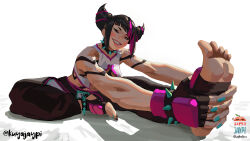 Rule 34 | 1girl, arm tattoo, baggy pants, bare shoulders, blush, bracelet, breasts, choker, cleavage, cleavage cutout, clothing cutout, collar, drill hair, feet, fingerless gloves, foot focus, foot grab, gloves, hair horns, han juri, hanging breasts, highres, jewelry, kuya jaypi, leaning forward, looking at viewer, medium breasts, multicolored hair, muscular, pants, simple background, sitting, spiked anklet, spiked bracelet, spiked collar, spikes, street fighter, stretching, tattoo, twin drills, white background