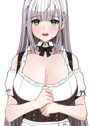Rule 34 | 1girl, :d, bare shoulders, breasts, brown dress, cleavage, detached sleeves, dress, flower, frilled dress, frills, green eyes, grey hair, h2o (ddks2923), hair flower, hair ornament, highres, hololive, large breasts, looking at viewer, open mouth, own hands together, puffy short sleeves, puffy sleeves, shirogane noel, shirogane noel (dirndl), short sleeves, simple background, smile, solo, sweatdrop, teeth, upper body, upper teeth only, virtual youtuber, white background, white dress, white flower, white sleeves