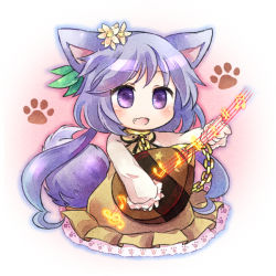 Rule 34 | 1girl, animal ears, blush, chibi, dog ears, dog tail, fang, flower, fox ears, fox tail, hair flower, hair ornament, instrument, kemonomimi mode, long hair, lute (instrument), open mouth, pote (ptkan), purple hair, smile, solo, tail, touhou, tsukumo benben, twintails
