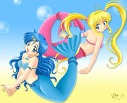 Rule 34 | 00s, 2girls, :d, armlet, back, blonde hair, blue eyes, blue hair, bracelet, bubble, earrings, gradient background, hair ornament, houshou hanon, jewelry, long hair, looking at viewer, looking back, mermaid, mermaid melody pichi pichi pitch, miracle!, monster girl, multiple girls, nanami lucia, non-web source, open mouth, pendant, seashell, shell, shell bikini, smile, star (symbol), star earrings, star hair ornament, swimming, twintails, wavy hair