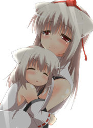 Rule 34 | 2girls, age difference, animal ears, armpits, blush, carrying, chibi, child, child carry, detached sleeves, female focus, hat, hug, inubashiri momiji, long hair, mother and daughter, multiple girls, open mouth, red eyes, shirt, short hair, silver hair, sleeping, smile, takeyuu, touhou, wolf ears
