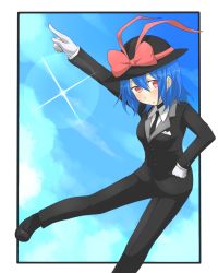 Rule 34 | 1girl, alternate costume, black suit, blue hair, blush, contemporary, dress shirt, female focus, formal, hand on own hip, hat, highres, nagae iku, necktie, nobamo pieruda, pointing, pointing up, red eyes, saturday night fever, shirt, short hair, solo, suit, touhou