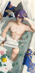 Rule 34 | 1boy, bathing, bathtub, blue hair, book, closed mouth, completely nude, dr. ratio (honkai: star rail), flower, hair between eyes, highres, holding, holding book, honkai: star rail, honkai (series), hort hair, in water, male focus, muscular, muscular male, navel, no nipples, nude, open book, pang (user8o8symb0l), pink flower, reading, soap bubbles, solo