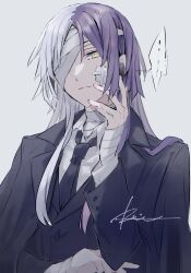 Rule 34 | ..., 1boy, absurdres, bandage over one eye, bandaged hand, bandaged head, bandaged neck, bandages, bandaid, bandaid on cheek, bandaid on face, black jacket, black necktie, black vest, bungou stray dogs, character request, closed mouth, collared shirt, copyright request, formal, highres, jacket, male focus, necktie, purple hair, r1kuuw, shirt, sigma (bungou stary dogs), speech bubble, suit, vest, white shirt, yellow eyes