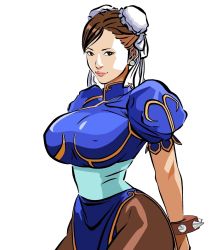 Rule 34 | 1girl, absurdres, arms behind back, bad id, bad pixiv id, blue dress, bracelet, breasts, brown eyes, bun cover, capcom, china dress, chinese clothes, chun-li, double bun, dress, earrings, female focus, highres, jewelry, large breasts, lipstick, makeup, pantyhose, puffy short sleeves, puffy sleeves, sash, short hair, short sleeves, smile, solo, spiked bracelet, spikes, street fighter, subaru (shijar)