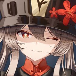 Rule 34 | 1girl, ;), black hat, brown hair, closed mouth, commentary, english commentary, flower, flower-shaped pupils, genshin impact, hat, hat flower, highres, hu tao (genshin impact), lit for 20, long hair, looking at viewer, one eye closed, portrait, red eyes, smile, solo, symbol-shaped pupils