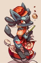 Rule 34 | apron, black hair, blush, blush stickers, cake, coffee, creatures (company), cup, food, furry, game freak, gen 4 pokemon, hat, legs, lucario, mug, necktie, nintendo, pokemon, pokemon (creature), pokemon cafe remix, red eyes, sa-dui, solo, spikes, standing, tail