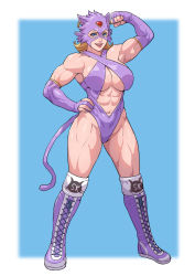 Rule 34 | 1girl, :d, abs, absurdres, blonde hair, blue eyes, blue hair, boots, border, breasts, cirenk, commission, elbow gloves, full body, gloves, hand on own hip, highres, knee boots, large breasts, looking at viewer, mask, muscular, muscular female, navel, open mouth, original, partially fingerless gloves, purple footwear, purple gloves, simple background, singlet, smile, solo, underboob, white border, wrestling outfit