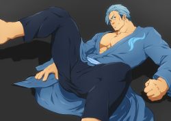 Rule 34 | 1boy, absurdres, ass, bara, bercouli (sao), blue hair, blue kimono, ear piercing, facial hair, foot out of frame, highres, japanese clothes, kimono, kito (clamp5656), large pectorals, male focus, muscular, muscular male, open clothes, open kimono, pectoral cleavage, pectorals, piercing, short hair, solo, spread legs, stubble, swept bangs, sword art online, sword art online: alicization, thick thighs, thighs