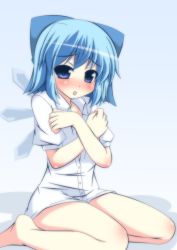 Rule 34 | 1girl, blue eyes, blue hair, blush, bow, cirno, covering privates, covering breasts, gradient background, hair bow, ice, ice wings, looking at viewer, masiromu, matching hair/eyes, naked shirt, open clothes, open mouth, open shirt, puffy sleeves, shirt, short sleeves, sitting, solo, touhou, wariza, wings