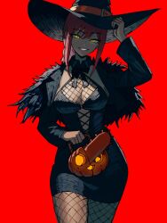 Rule 34 | 1girl, bow, bowtie, chainsaw, chainsaw man, evil grin, evil smile, feather coat, grin, halloween, halloween costume, hat, highres, looking at viewer, makima (chainsaw man), ponytail, pumpkin, red hair, smile, witch, witch hat, yellow eyes, zeon (zzeeonn)