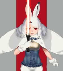 Rule 34 | 1girl, arctic hare (kemono friends), arm at side, beleven, black hair, blouse, center frills, cloak, colored inner hair, energy sword, eyelashes, frills, fur collar, hand up, highres, holding, holding weapon, kemono friends, lightsaber, looking at viewer, medium hair, mittens, multicolored hair, open mouth, outstretched arm, paid reward available, red eyes, shirt, shorts, sleeveless, smile, solo, star wars, sword, two-tone hair, upper body, weapon, white cloak, white hair, white mittens