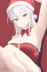 Rule 34 | 1girl, arm up, armpits, bare shoulders, belt, black belt, bow, bowtie, breasts, christmas, dress, fur-trimmed dress, fur-trimmed headwear, fur trim, grey eyes, hat, highres, keihh, large breasts, long hair, looking at viewer, no bra, original, red bow, red bowtie, red dress, red hat, santa costume, santa hat, short dress, sitting, smile, solo, strapless, strapless dress, thighs, tube dress, white hair
