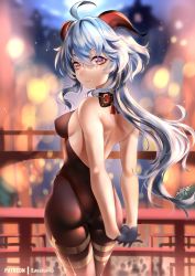 Rule 34 | 1girl, ahoge, ass, back, bare shoulders, black gloves, black pantyhose, blue hair, blush, bodystocking, breasts, ganyu (genshin impact), genshin impact, gloves, highres, horns, large breasts, long hair, looking at viewer, looking back, paid reward available, pantyhose, purple eyes, solo, thighs, zasshu