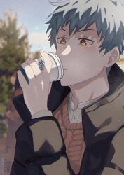 Rule 34 | 1boy, black jacket, blue hair, blurry, blurry background, brown eyes, brown sweater vest, cloud, cup, disposable cup, dress shirt, drinking, fate/grand order, fate (series), highres, holding, holding cup, jacket, light particles, looking at object, male focus, official alternate costume, parted lips, saitou hajime (dream portrait) (fate), saitou hajime (fate), shirt, short hair, solo, sweater vest, teria (teriarian), tree, upper body, white shirt
