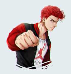 Rule 34 | 1boy, buttons, clenched hand, closed mouth, cropped torso, fist bump, grey background, grey eyes, jacket, looking at viewer, male focus, moonjjj, multicolored clothes, multicolored jacket, open clothes, open jacket, pompadour, print shirt, red hair, sakuragi hanamichi, shirt, short hair, simple background, sketch, slam dunk (series), smile, solo, thick eyebrows, upper body, white shirt