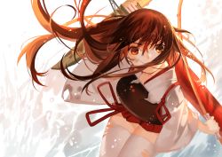 Rule 34 | 10s, 1girl, akagi (kancolle), bow (weapon), brown eyes, brown hair, japanese clothes, joseph lee, kantai collection, long hair, looking up, muneate, weapon
