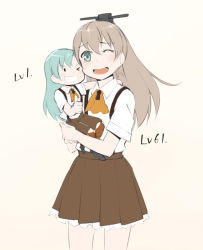 Rule 34 | 10s, 2girls, aqua hair, ascot, blue eyes, brown hair, carrying, chocotto715, commentary request, headgear, kantai collection, kumano (kancolle), long hair, looking at viewer, multiple girls, one eye closed, open mouth, school uniform, skirt, smile, suspenders, suzuya (kancolle), tears, thumbs up, white background, aged down
