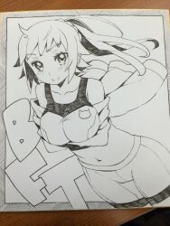 1girl braid breasts commentary_request cowboy_shot dutch_angle gundam gundam_build_fighters hoshino_fumina jacket large_breasts midriff monochrome nagy navel off_shoulder photo_(medium) ponytail shorts smile solo sports_bra traditional_media