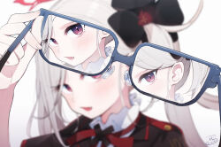 Rule 34 | 1girl, black scrunchie, blue-framed eyewear, blue archive, blurry, blush, commentary request, fang, glasses, grey hair, hair ornament, hair scrunchie, halo, highres, holding, holding removed eyewear, long hair, mutsuki (blue archive), nishi yasuaki, open mouth, portrait, purple eyes, red halo, scrunchie, side ponytail, signature, simple background, solo, unworn eyewear, white background
