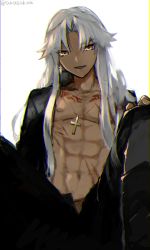 Rule 34 | 1boy, abs, akasakak, amakusa shirou (fate), amakusa shirou (third ascension) (fate), bishounen, commentary, cross, cross necklace, dark-skinned male, dark skin, fate/apocrypha, fate (series), hair down, highres, jewelry, long hair, looking back, male focus, meme, necklace, nipples, simple background, solo, toned, toned male, too bad! it was just me! (meme), topless male, twitter username, white hair