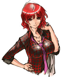 Rule 34 | 1girl, breasts, cleavage, hand on own hip, highres, horikawa raiko, impossible clothes, impossible shirt, jacket, jacket over swimsuit, large breasts, nameo (judgemasterkou), necktie, plaid, plaid shirt, purple necktie, red eyes, red hair, shirt, short hair, solo, swimsuit, touhou, upper body
