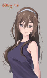 Rule 34 | 1girl, alternate costume, ashigara (kancolle), brown eyes, brown hair, grey background, hair between eyes, hairband, highres, kantai collection, long hair, neko no hige, one-hour drawing challenge, purple tank top, simple background, solo, tank top, twitter username, upper body, wavy hair, white hairband