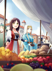 Rule 34 | 2girls, 3boys, :d, aege-kai wo wataru hana-tachi, apple, bead necklace, beads, blonde hair, blue dress, blue eyes, blurry, bowl, bread, breasts, brown hair, building, cheese, cheese wheel, coin (ornament), cutting board, day, depth of field, dress, food, fruit, grapes, green headwear, head chain, highres, hinoshita akame, holding, holding bowl, holding ladle, jewelry, kitchen knife, knife, ladle, long hair, long sleeves, looking at viewer, market, multiple boys, multiple girls, music, necklace, no eyes, no headwear, open mouth, outdoors, planted, planted knife, planted weapon, pointing, pomegranate, pot, sky, smile, traditional clothes, vegetable, veil, weapon, yellow eyes