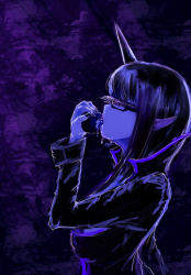 Rule 34 | 1girl, breasts, eyelashes, closed eyes, licking finger, from side, glasses, high collar, hime cut, horns, licking, long hair, monochrome, nail polish, original, pointy ears, purple theme, saliva, saliva trail, single horn, solo, taguchi kirei, upper body