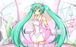Rule 34 | 1girl, bad id, bad pixiv id, dress, elbow gloves, gloves, green eyes, green hair, hat, hatsune miku, intravenous drip, karamoneeze, koiiro byoutou (vocaloid), large syringe, long hair, matching hair/eyes, nurse, oversized object, skirt, smile, solo, spring onion, syringe, thighhighs, twintails, very long hair, vocaloid