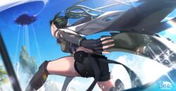 Rule 34 | 1girl, absurdres, arknights, artist logo, battle, black gloves, black shorts, blue sky, breasts, chinese commentary, cloak, cloud, cloudy sky, commentary, crocodilian tail, day, dreadlocks, elbow gloves, fanny pack, feet out of frame, fingerless gloves, from behind, gavial (arknights), gavial the invincible (arknights), gloves, goggles, goggles on head, green hair, highres, hood, hooded cloak, izsly, knee pads, lens flare, long hair, mask, mask around neck, medium breasts, motion blur, ocean, outdoors, ponytail, running, short shorts, shorts, sky, solo, sparkle, sunlight, tail, torn cloak, torn clothes, torn gloves, wristband
