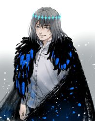 Rule 34 | 1boy, blue eyes, cape, collared shirt, crown, diamond hairband, fate/grand order, fate (series), fur-trimmed cape, fur trim, grey background, grey hair, halorane, highres, long sleeves, looking at viewer, male focus, medium hair, oberon (fate), oberon (third ascension) (fate), shirt, smile, solo, two-tone background, upper body, white background, white shirt
