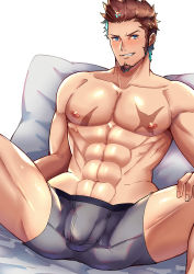Rule 34 | 1boy, abs, bara, blue eyes, blush, boxers, brown hair, bulge, cross scar, edging underwear, facial hair, fate/grand order, fate (series), feet out of frame, goatee, grey male underwear, highres, large pectorals, long sideburns, male focus, male underwear, mature male, muscular, muscular male, napoleon bonaparte (fate), navel, nipples, pectorals, scar, scar on chest, seductive smile, short hair, sideburns, smile, smirk, solo, spread legs, stomach, thighs, topless male, underwear, underwear only, yani (yano 023)