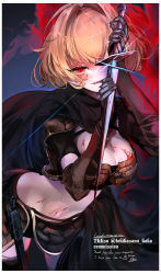 Rule 34 | 1girl, absurdres, armor, blonde hair, blood, breasts, cleavage, clementine (overlord), commission, dagger, highres, holding, holding dagger, holding knife, holding weapon, knife, large breasts, midriff, overlord (maruyama), red eyes, scarf, short hair, skeb commission, solo, tokikosann, weapon