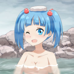 Rule 34 | 1girl, blue eyes, blue hair, blunt bangs, blush, breasts, cato (monocatienus), cloud, cloudy sky, collarbone, commentary request, fang, hair bobbles, hair ornament, kawashiro nitori, looking at viewer, medium breasts, no headwear, nude, one eye closed, open mouth, outdoors, partially submerged, rock, short hair, skin fang, sky, solo, touhou, towel, towel on head, twintails, upper body, water