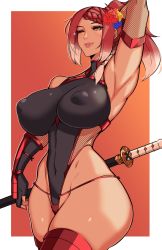 Rule 34 | akasha xueqi, alecto 0, bad id, bad twitter id, braid, breasts, cameltoe, covered erect nipples, final fantasy, final fantasy xiv, flower, hair flower, hair ornament, highres, huge breasts, hyur, katana, large breasts, latex, multicolored hair, original, ponytail, red hair, sword, taimanin suit, tan, thick thighs, thighs, two-tone hair, warrior of light (ff14), weapon, white hair, yellow eyes