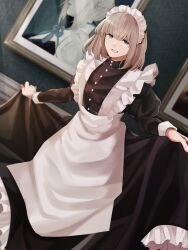 Rule 34 | 1boy, apron, black dress, blonde hair, blue eyes, button dress, buttons, clothes lift, commentary request, crossdressing, dress, dress lift, fate/grand order, fate (series), frilled apron, frilled dress, frills, headdress, highres, holding, holding clothes, holding dress, long sleeves, looking at viewer, maid, maid headdress, maid male, male focus, male maid, medium hair, oberon (fate), painting (object), picture frame, puffy long sleeves, puffy sleeves, sausu hitori, smile, solo, tagme, teeth, trap, turtleneck, turtleneck dress, under skirt, underdress, white cuffs, white headdress, white headwear
