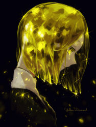 Rule 34 | 10s, 1other, androgynous, black background, blonde hair, canarinu, character name, closed mouth, colored eyelashes, crying, crying with eyes open, from side, gem uniform (houseki no kuni), houseki no kuni, light smile, looking away, matching hair/eyes, profile, simple background, solo, sparkle, tears, uniform, upper body, yellow diamond (houseki no kuni), yellow eyes, yellow theme