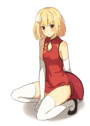 Rule 34 | 1girl, bad id, bad pixiv id, bare shoulders, blonde hair, blush, china dress, chinese clothes, dress, elbow gloves, flat chest, gloves, hair ornament, hairclip, kinta (distortion), looking at viewer, open mouth, original, red eyes, short hair, solo, squatting, thighhighs, tray, white gloves, white thighhighs