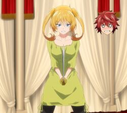 Rule 34 | 1boy, 1girl, blonde hair, blue eyes, breasts, large breasts, mia christoph, screencap, stitched, sword, temple (series), third-party edit, twintails, weapon