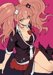 Rule 34 | 1girl, absurdres, bear hair ornament, big hair, black shirt, blonde hair, bow, breasts, choker, cleavage, collarbone, danganronpa: trigger happy havoc, danganronpa (series), enoshima junko, hair ornament, highres, large breasts, long hair, nail polish, necktie, red bow, red nails, red skirt, shirt, skirt, smile, solo, twintails, two-tone necktie, youko-shima