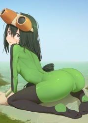 Rule 34 | 1girl, :p, all fours, arched back, arm support, ass, ass focus, asui tsuyu, back, black thighhighs, bodysuit, boku no hero academia, breasts, cameltoe, cleft of venus, dark green hair, feet, frog girl, from behind, gloves, goggles, goggles on head, green bodysuit, hair between eyes, highres, kuroneko pantsu, long hair, looking at viewer, looking back, outdoors, sanpaku, shiny clothes, solo, spread legs, stirrup legwear, thighhighs, toeless legwear, tongue, tongue out, water