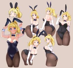 Rule 34 | 1girl, animal ears, arm at side, ass, ayase eli, bare shoulders, beige background, black leotard, black pantyhose, blonde hair, blue eyes, blush, bow, bowtie, breasts, cleavage, commentary, cropped legs, detached collar, elbow gloves, fake animal ears, from behind, gloves, hand up, hands on floor, hands on own knees, hands up, highres, kurokawa makoto, large breasts, leaning forward, leotard, long hair, looking at viewer, love live!, love live! school idol project, multiple views, one eye closed, open mouth, pantyhose, playboy bunny, rabbit ears, rabbit tail, seiza, shiny clothes, shoes, simple background, sitting, smile, tail, white gloves