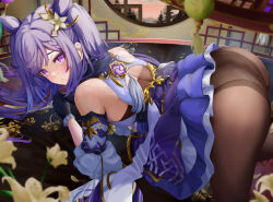 Rule 34 | 1girl, all fours, ass, bare shoulders, black pantyhose, blush, clothes lift, cone hair bun, detached sleeves, double bun, dress, flower, frilled gloves, frills, from behind, genshin impact, gloves, hair bun, hair ears, hair ornament, highres, indoors, keqing (genshin impact), long hair, looking at viewer, momiji akiba, panties, panties under pantyhose, pantyhose, purple dress, purple eyes, purple gloves, purple hair, skirt, skirt lift, solo, twintails, underwear