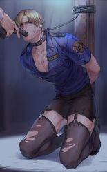 Rule 34 | 2boys, absurdres, animal collar, arms behind back, black collar, black footwear, black skirt, black thighhighs, blonde hair, blue eyes, blue shirt, collar, collared shirt, dbox 2525, dirty, dirty clothes, dirty face, garter straps, gun, gun in mouth, handgun, high heels, highres, holding, holding gun, holding weapon, kneeling, leon s. kennedy, long sleeves, looking at another, male focus, miniskirt, multiple boys, out of frame, parted bangs, pectorals, pencil skirt, police, police uniform, resident evil, resident evil 2, restrained, saliva, shirt, short hair, short sleeves, skirt, thighhighs, toned, toned male, torn clothes, torn thighhighs, uniform, weapon, yaoi