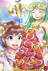 Rule 34 | 1boy, 1girl, :d, azumi (tks-sd), bare shoulders, blue eyes, brown hair, dated, closed eyes, green hair, heart, jewelry, kid icarus, kid icarus uprising, lips, long hair, lots of jewelry, nintendo, open mouth, palutena, pit (kid icarus), scepter, signature, smile, tiara, very long hair